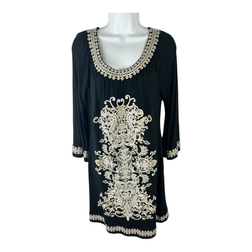 INC International Concepts Jersey Knit Black Dress Embroidered 3/4 Sleeves sz L